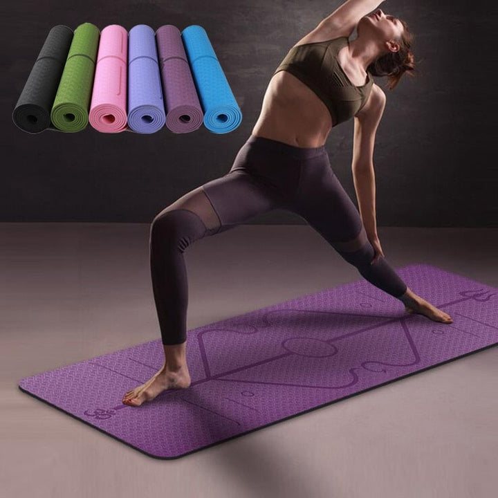 Vikbua™ Sklisikker yogamatte i TPE, 6 mm, med linjer for kroppsholdning